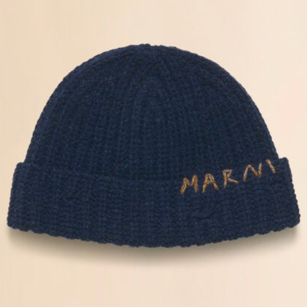 Marni ( NWT ) Blue Knit Hat with Gold Embroidery
